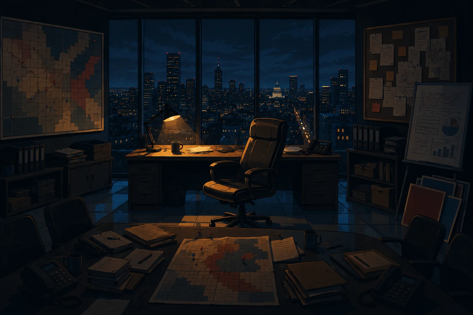 An empty chair at a campaign war room desk, high above the city at night