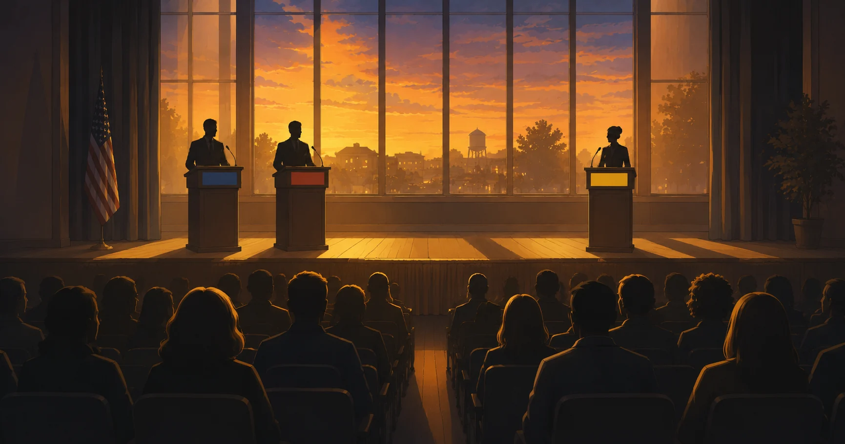 Three podiums on a debate stage at golden hour, an independent set apart from the two major-party candidates