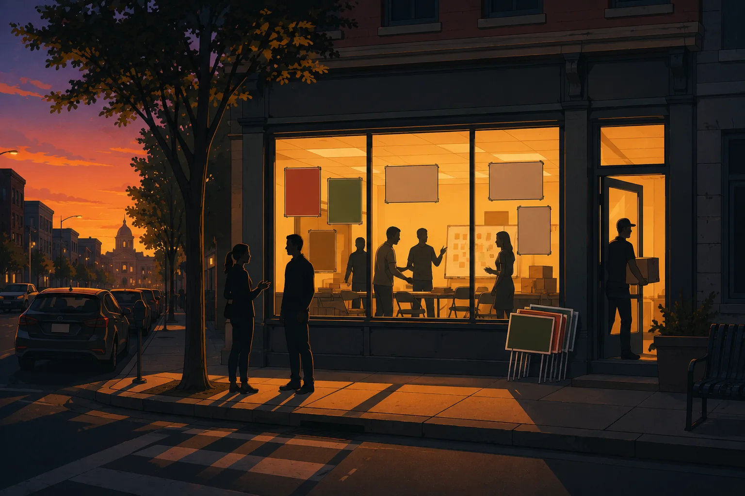 A storefront campaign office lit up at dusk