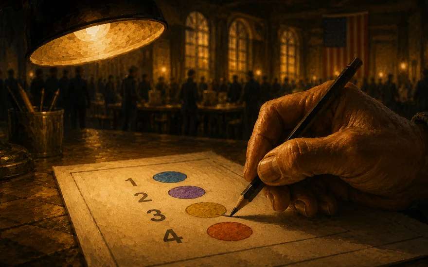 A hand marking a ranked ballot under a lamp on election night