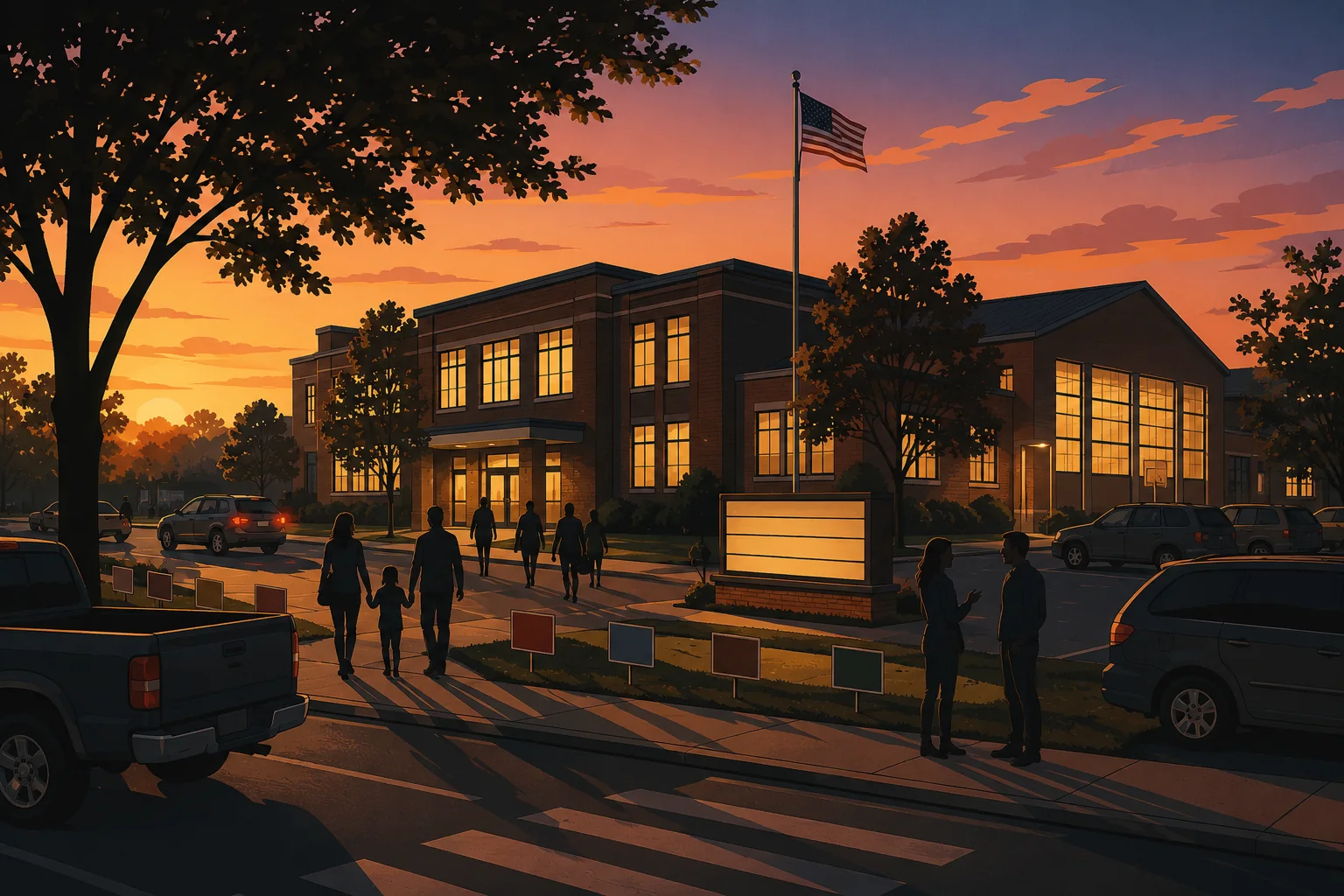 A public school on an evening when the board is meeting