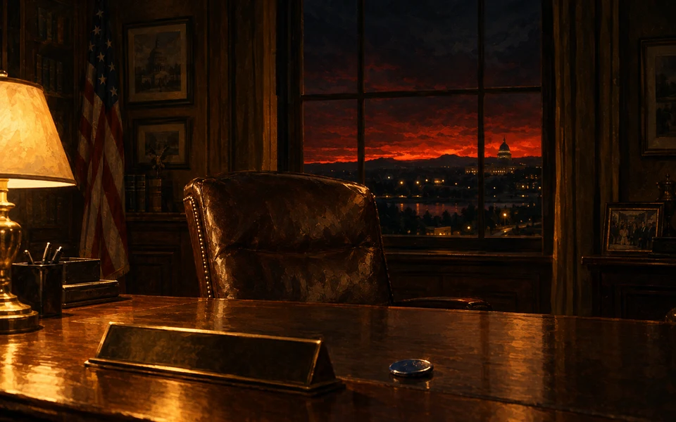 A congressional office at night, an empty leather seat and a red tide on the horizon